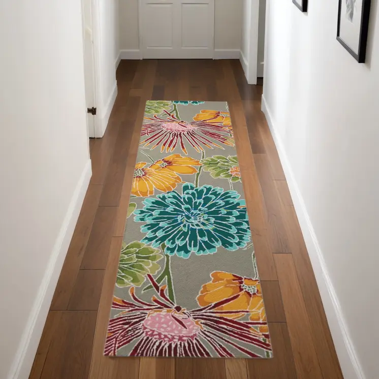 8' Gray and Orange Botanical Leaves Hand Carved Handmade Runner Rug