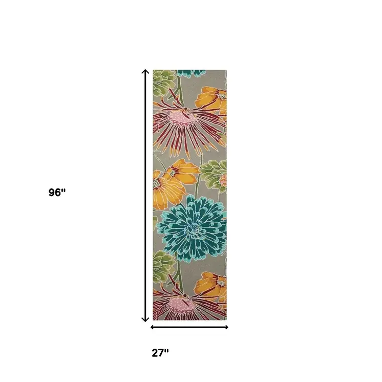 8' Gray and Orange Botanical Leaves Hand Carved Handmade Runner Rug