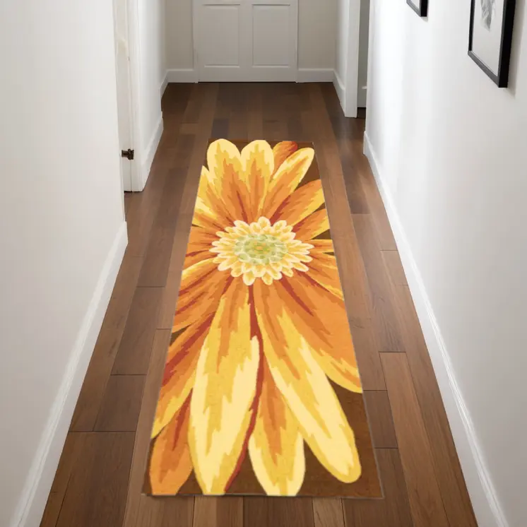 8' Brown Orange and Yellow Botanical Leaves Hand Carved Handmade Runner Rug