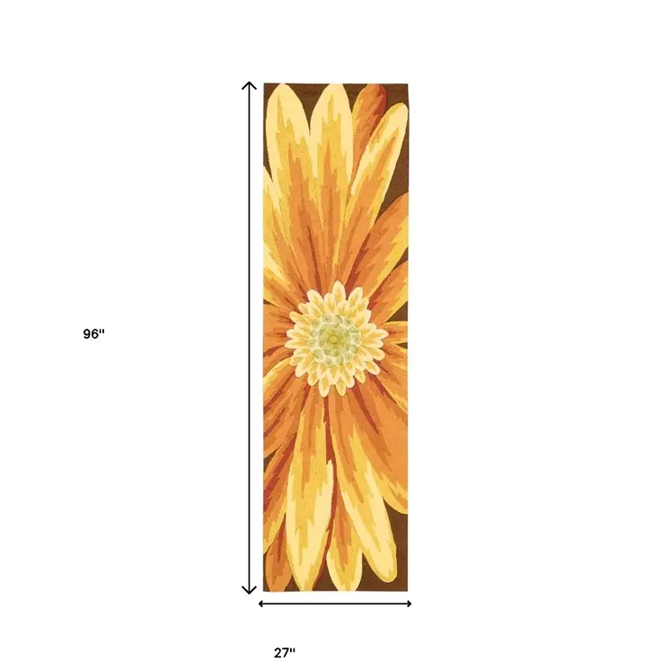 8' Brown Orange and Yellow Botanical Leaves Hand Carved Handmade Runner Rug