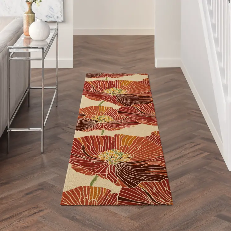 8' Ivory and Sunset Botanical Leaves Hand Hooked Runner Rug