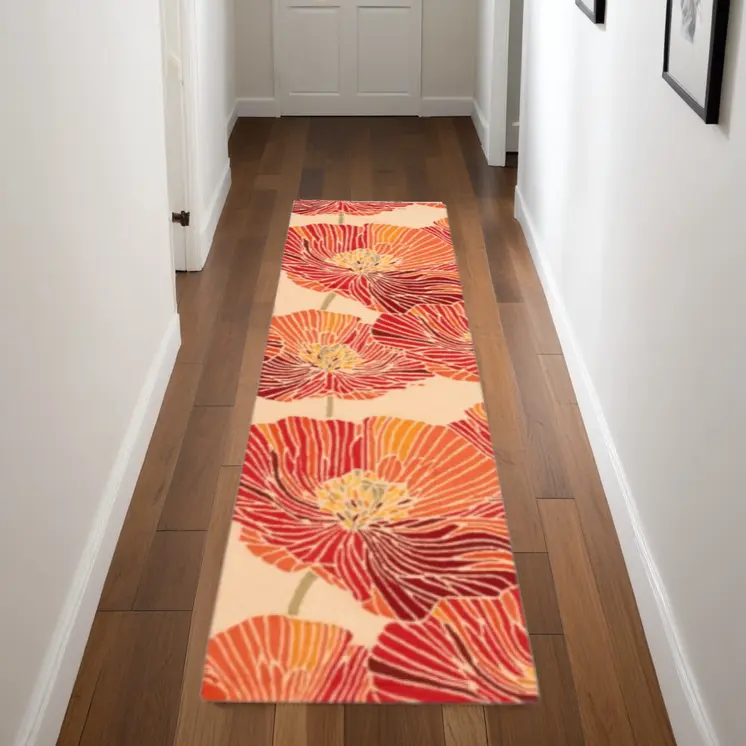 8' Ivory and Sunset Botanical Leaves Hand Hooked Runner Rug