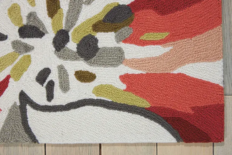 8' Ivory Green and Red Botanical Leaves Hand Carved Handmade Runner Rug