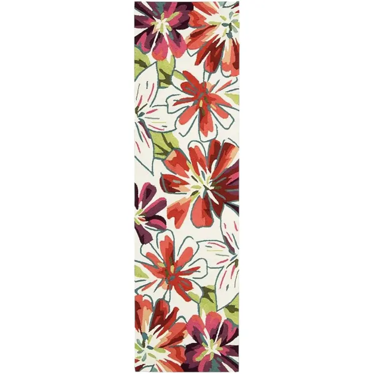 8' Ivory Green and Red Botanical Leaves Hand Carved Handmade Runner Rug