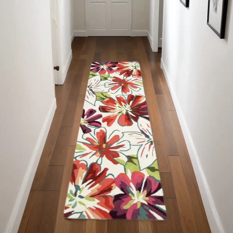 8' Ivory Green and Red Botanical Leaves Hand Carved Handmade Runner Rug