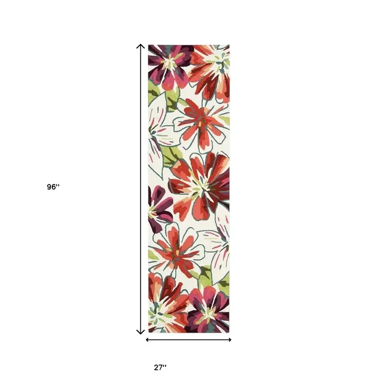 8' Ivory Green and Red Botanical Leaves Hand Carved Handmade Runner Rug