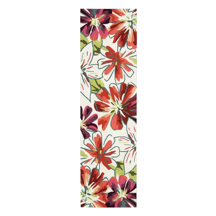8' Ivory Green and Red Botanical Leaves Hand Carved Handmade Runner Rug