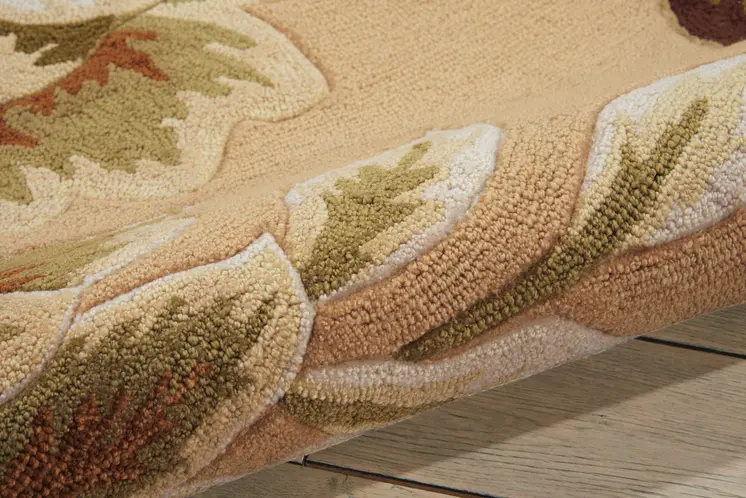 8' Beige and Red Botanical Leaves Hand Carved Handmade Runner Rug