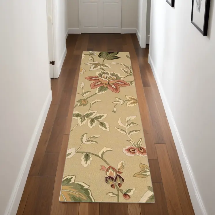 8' Beige and Red Botanical Leaves Hand Carved Handmade Runner Rug