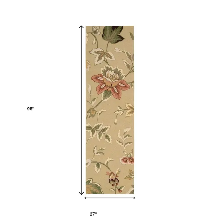 8' Beige and Red Botanical Leaves Hand Carved Handmade Runner Rug