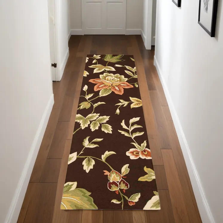 8' Brown and Orange Botanical Leaves Hand Carved Handmade Runner Rug