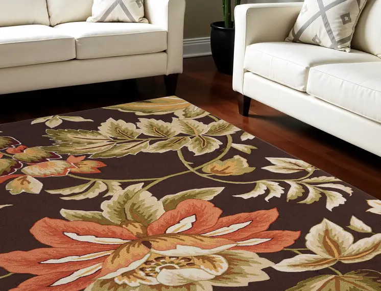 5' X 8' Brown and Orange Botanical Leaves Hand Carved Handmade Area Rug