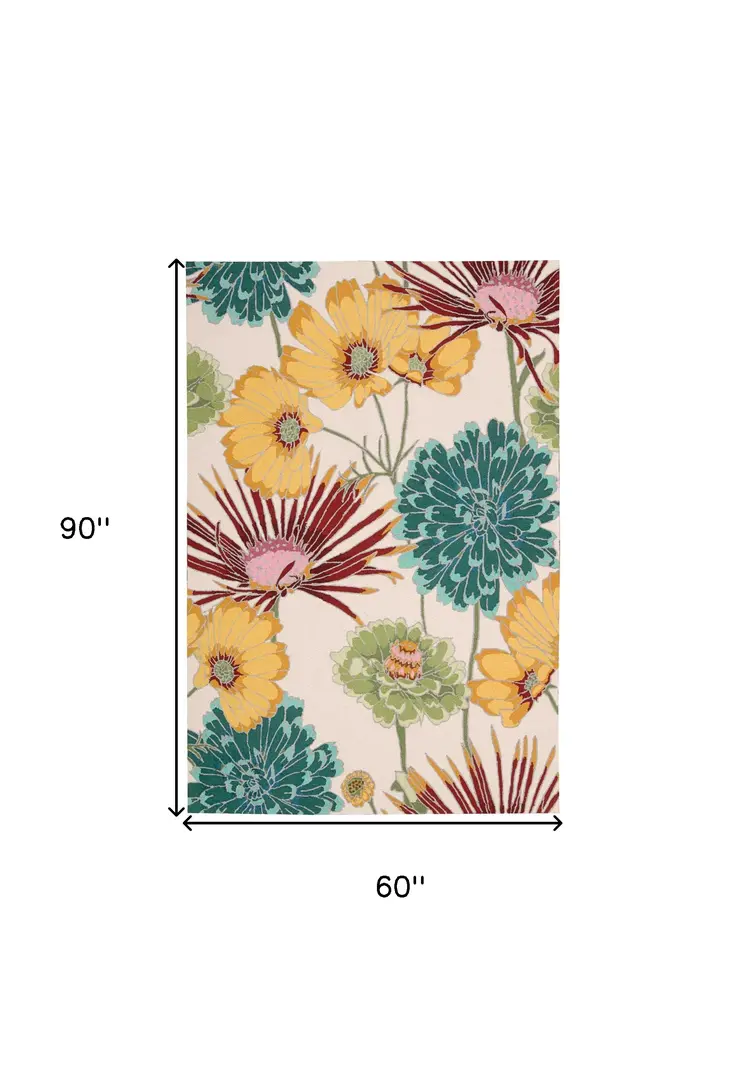 5' X 8' Ivory Red and Orange Floral Hand Carved Handmade Area Rug