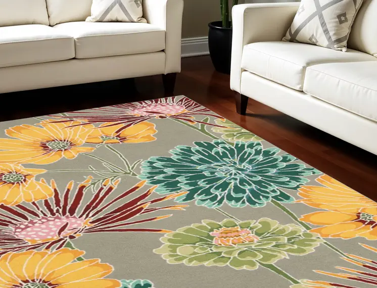 5' X 8' Gray Red and Yellow Floral Hand Carved Handmade Area Rug