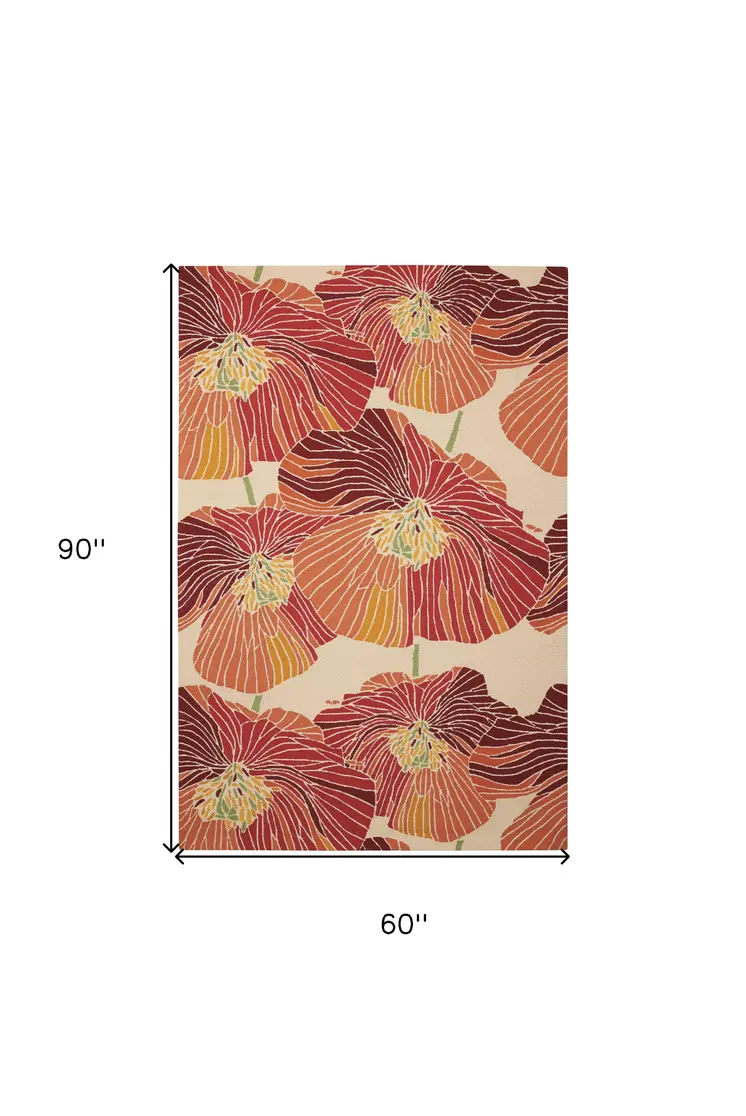 5' X 8' Ivory and Sunset Floral Hand Hooked Area Rug