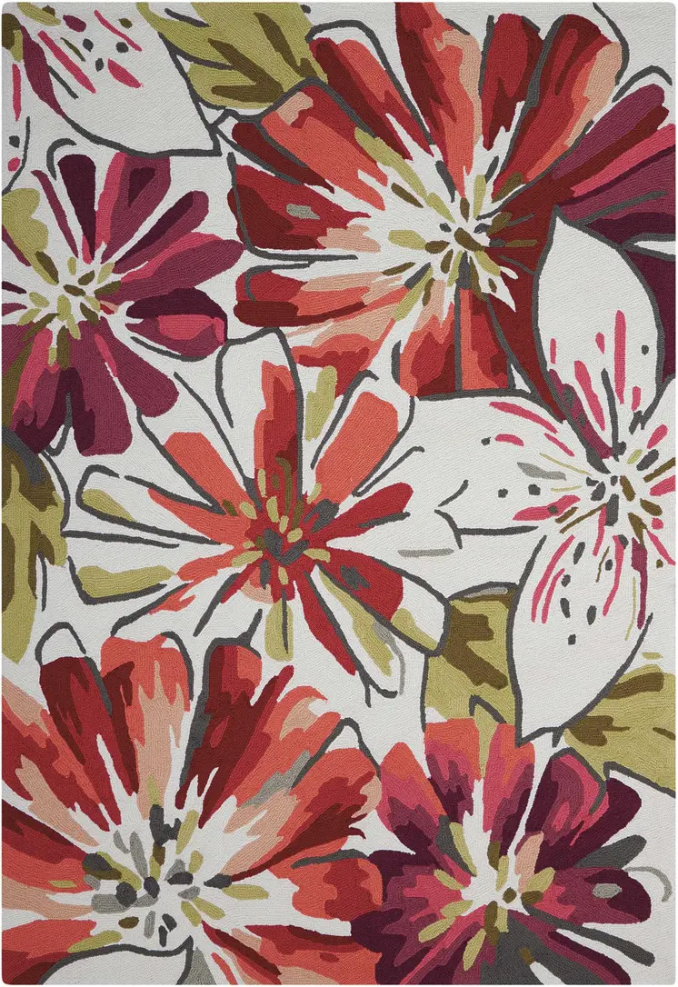 5' X 8' Ivory Green and Red Floral Hand Carved Handmade Area Rug