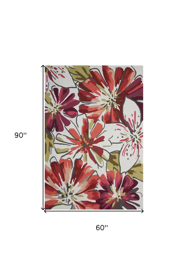 5' X 8' Ivory Green and Red Floral Hand Carved Handmade Area Rug