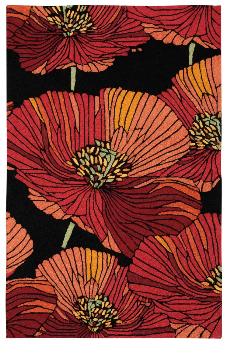 4' X 6' Black and Red Floral Hand Hooked Area Rug