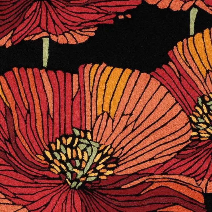 4' X 6' Black and Red Floral Hand Hooked Area Rug