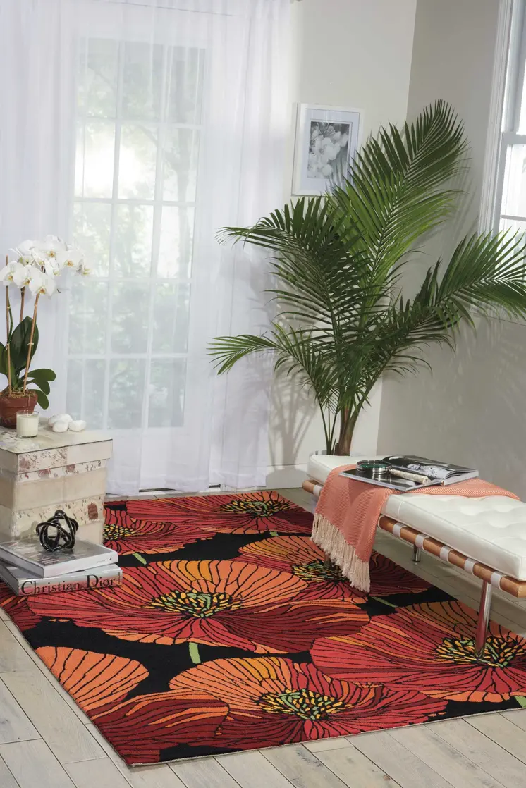 4' X 6' Black and Red Floral Hand Hooked Area Rug