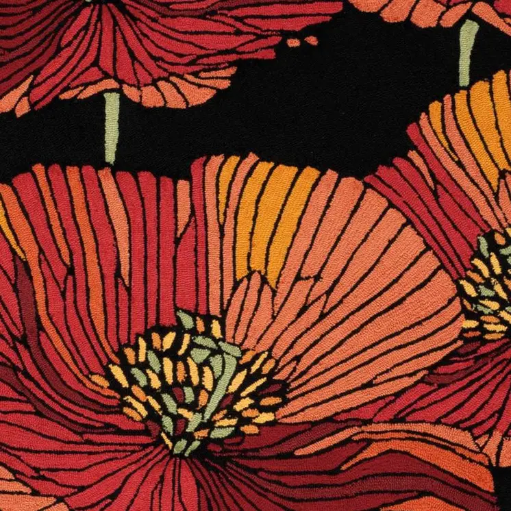 4' X 6' Black and Red Floral Hand Hooked Area Rug