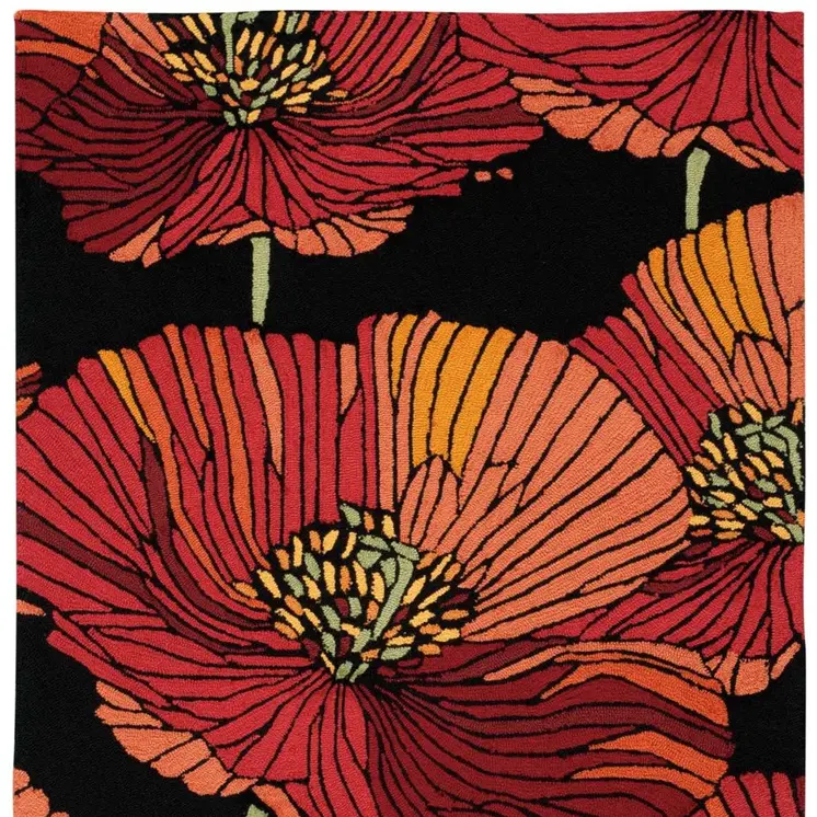 4' X 6' Black and Red Floral Hand Hooked Area Rug
