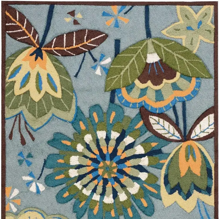 4' X 6' Blue and Green Floral Hand Carved Handmade Area Rug