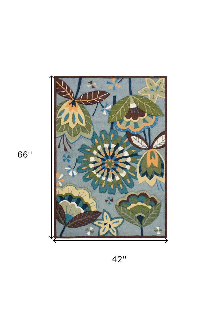 4' X 6' Blue and Green Floral Hand Carved Handmade Area Rug