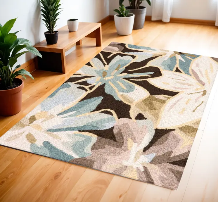4' X 6' Ivory Dark Brown and Gray Floral Hand Carved Handmade Area Rug