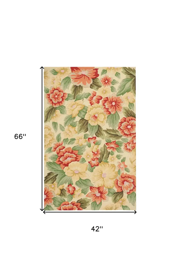 4' X 6' Red and Cream Floral Hand Carved Handmade Area Rug