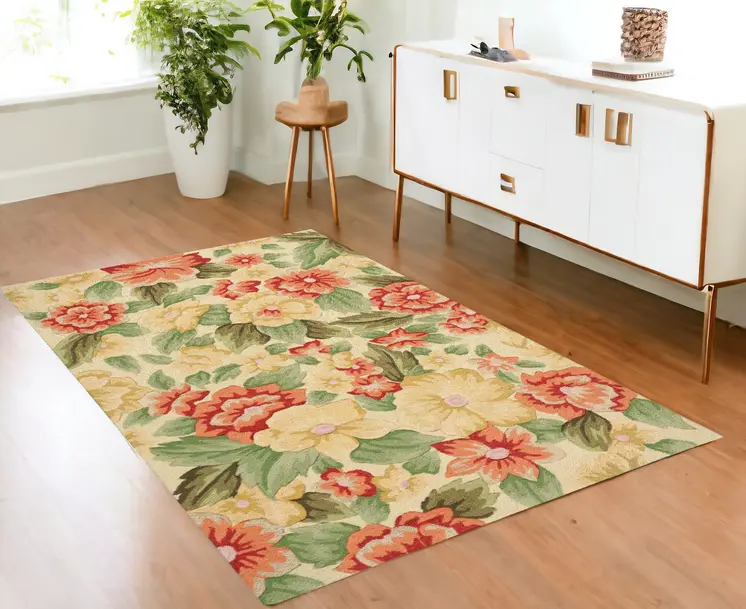 4' X 6' Red and Cream Floral Hand Carved Handmade Area Rug