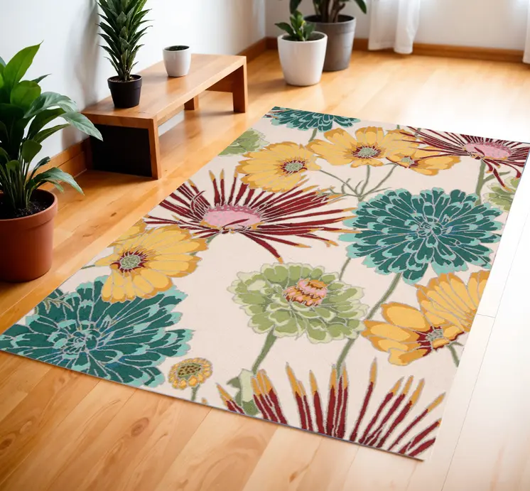 4' X 6' Ivory Red and Orange Floral Hand Carved Handmade Area Rug