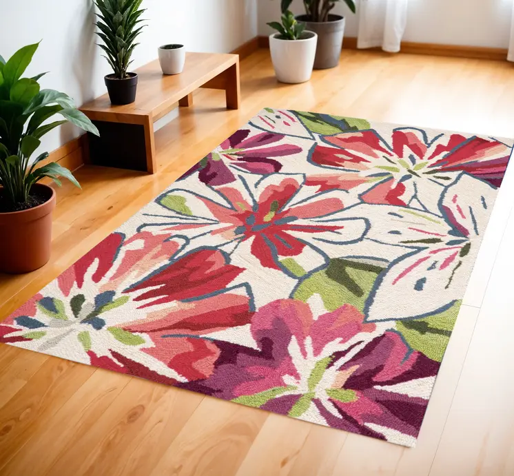 4' X 6' Ivory Green and Red Floral Hand Carved Handmade Area Rug