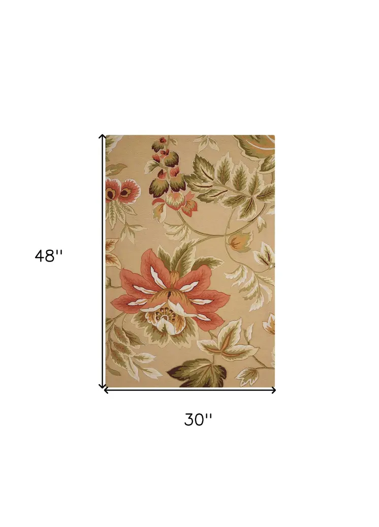 3' X 4' Beige and Red Botanical Leaves Hand Carved Handmade Area Rug