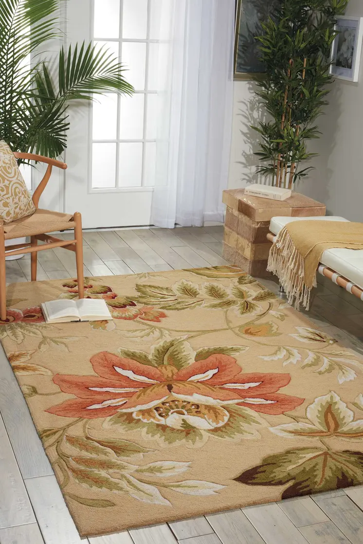 3' X 4' Beige and Red Botanical Leaves Hand Carved Handmade Area Rug