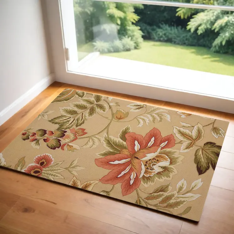 3' X 4' Beige and Red Botanical Leaves Hand Carved Handmade Area Rug