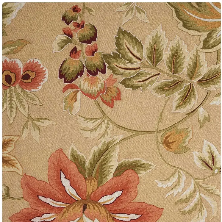 3' X 4' Beige and Red Botanical Leaves Hand Carved Handmade Area Rug