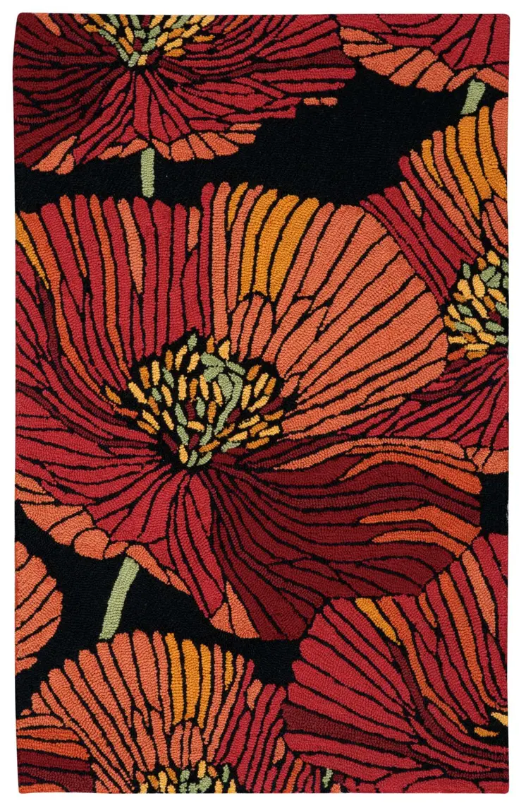 3' X 4' Black and Red Floral Hand Hooked Area Rug
