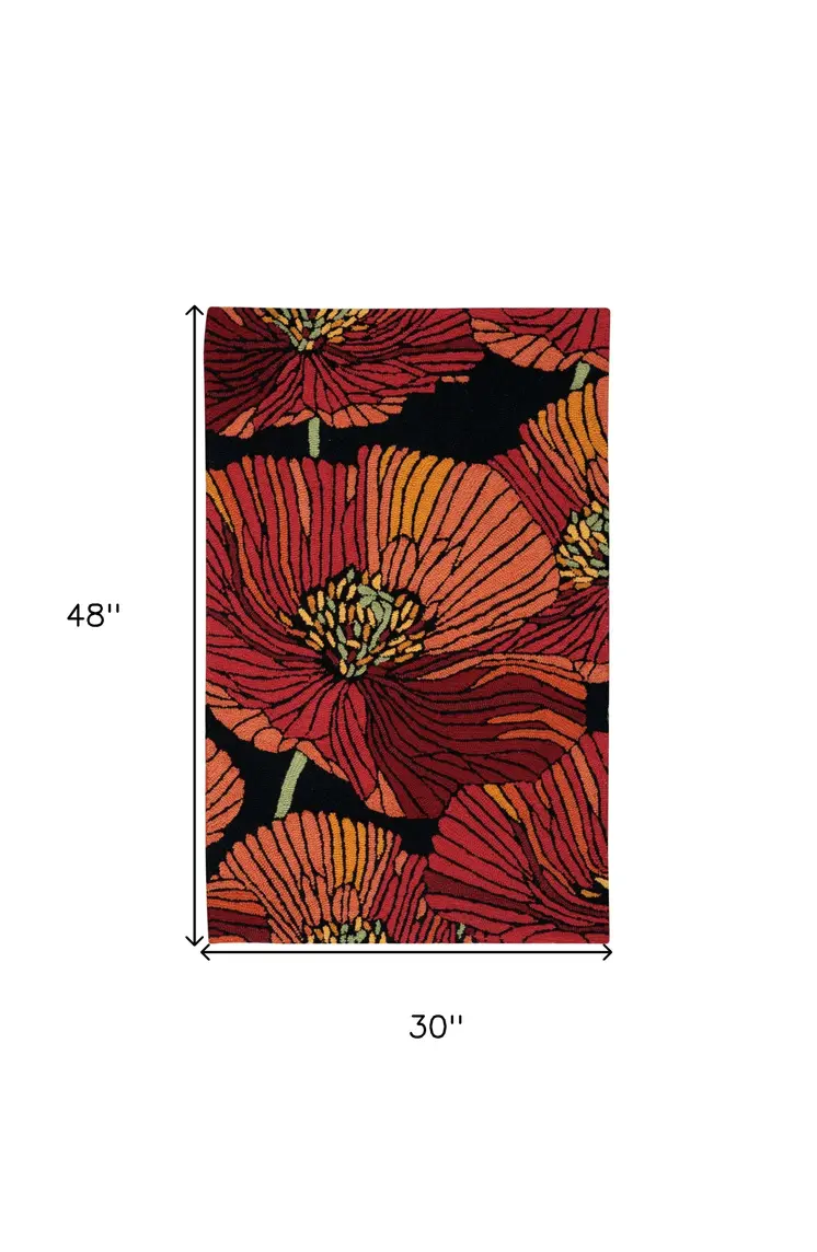 3' X 4' Black and Red Floral Hand Hooked Area Rug