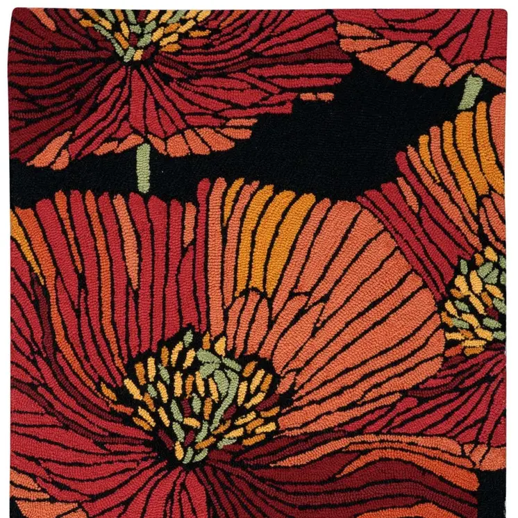 3' X 4' Black and Red Floral Hand Hooked Area Rug