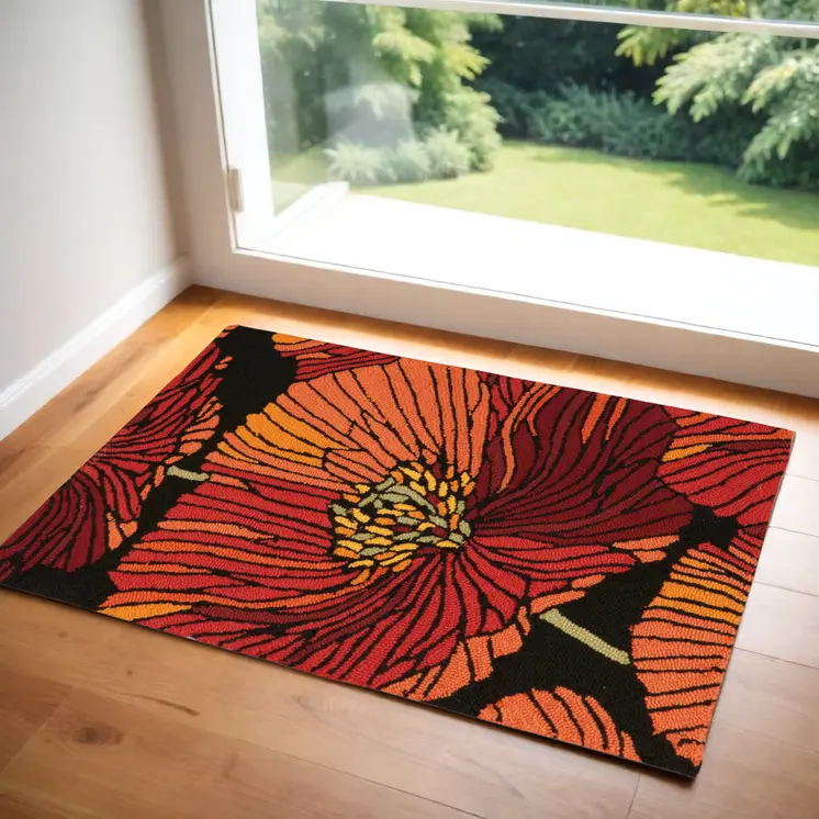 3' X 4' Black and Red Floral Hand Hooked Area Rug