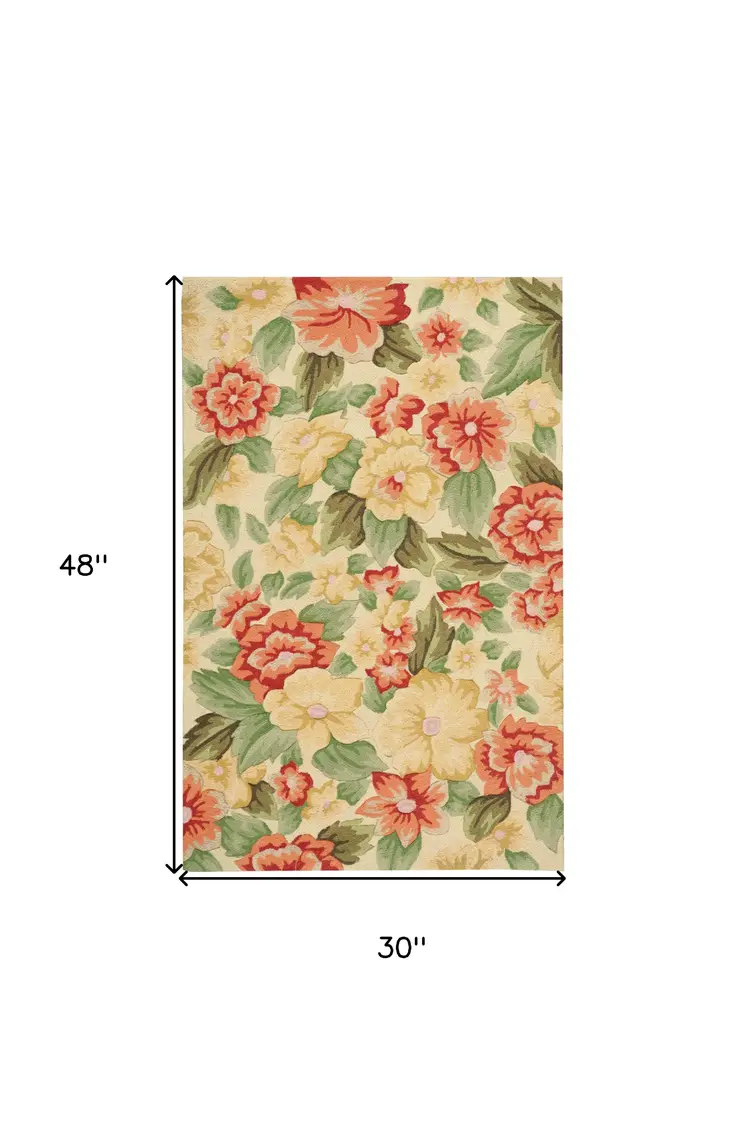3' X 4' Red and Cream Botanical Leaves Hand Carved Handmade Area Rug