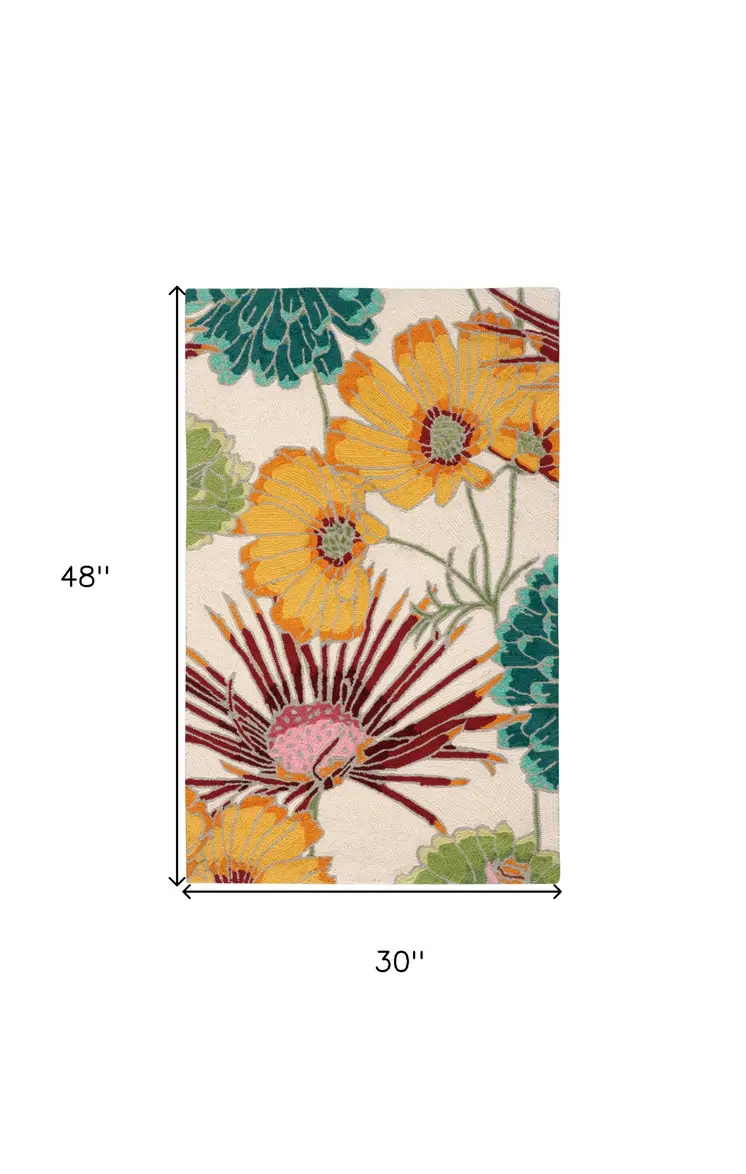 3' X 4' Ivory Red and Orange Floral Hand Carved Handmade Area Rug