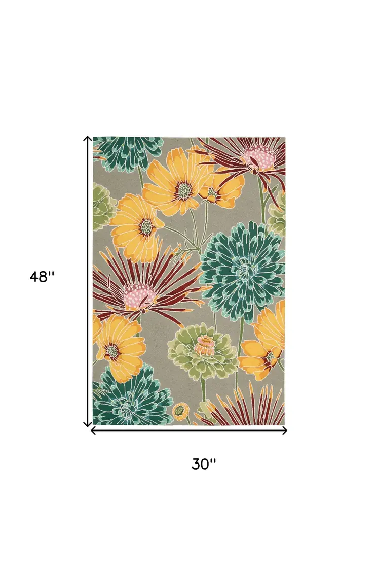 3' X 4' Gray Red and Yellow Floral Hand Carved Handmade Area Rug