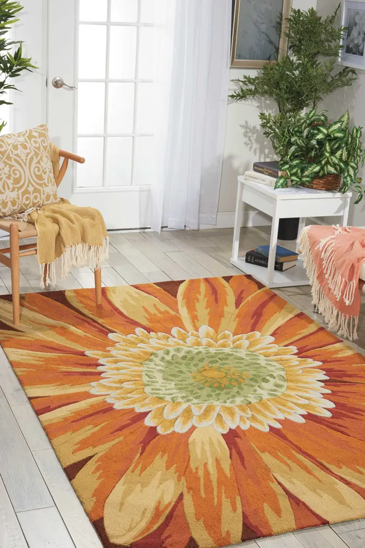 3' X 4' Brown Orange and Yellow Floral Hand Carved Handmade Area Rug
