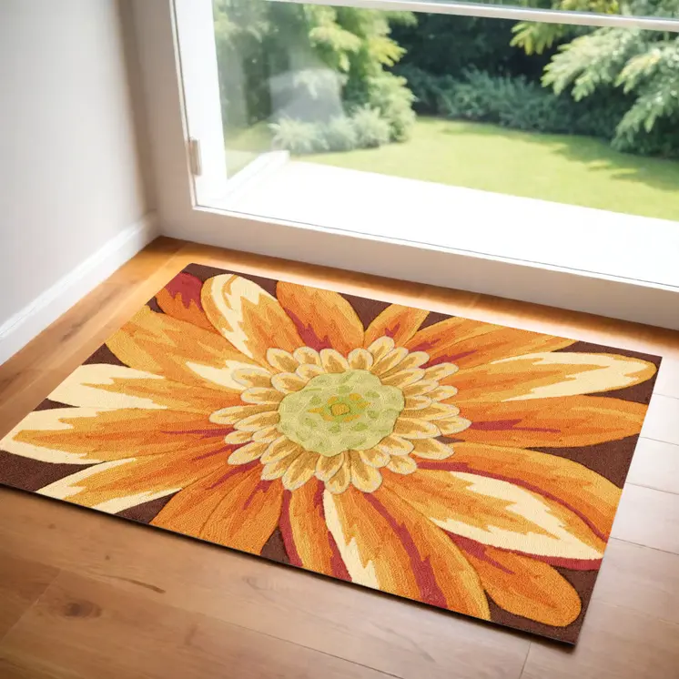 3' X 4' Brown Orange and Yellow Floral Hand Carved Handmade Area Rug