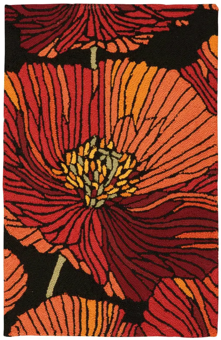 2' X 3' Black and Orange Floral Hand Hooked Area Rug