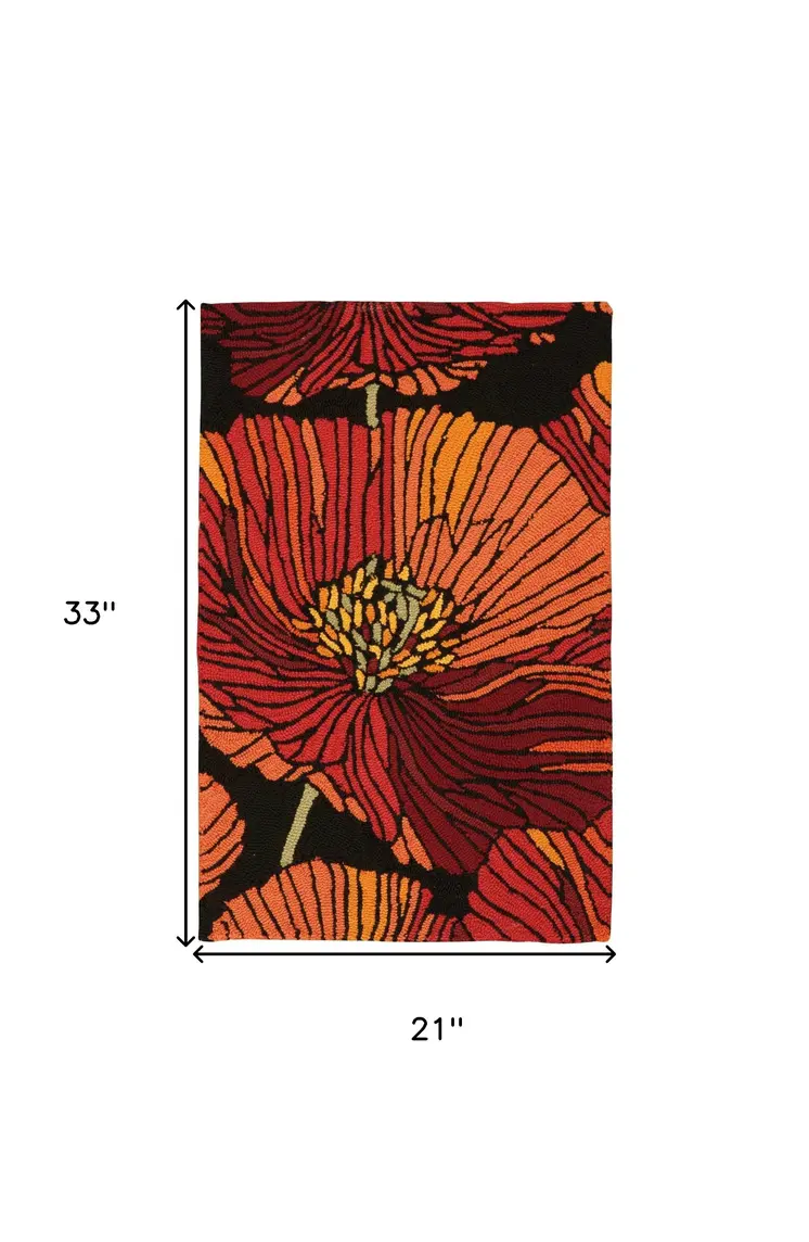 2' X 3' Black and Orange Floral Hand Hooked Area Rug