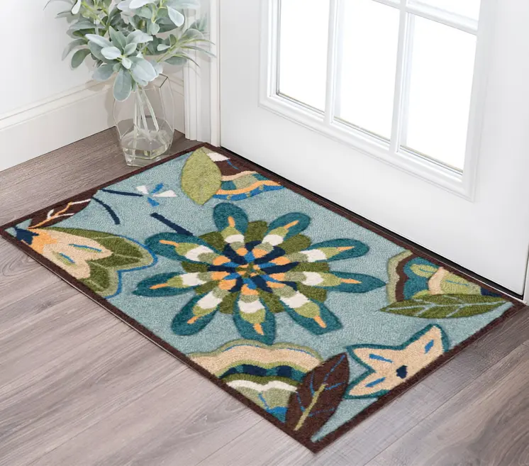 2' X 3' Blue Floral Hand Carved Handmade Area Rug