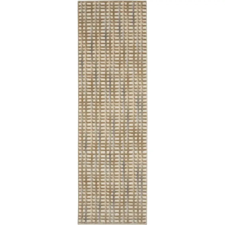 7' Beige And Blue Abstract Indoor Outdoor Runner Rug